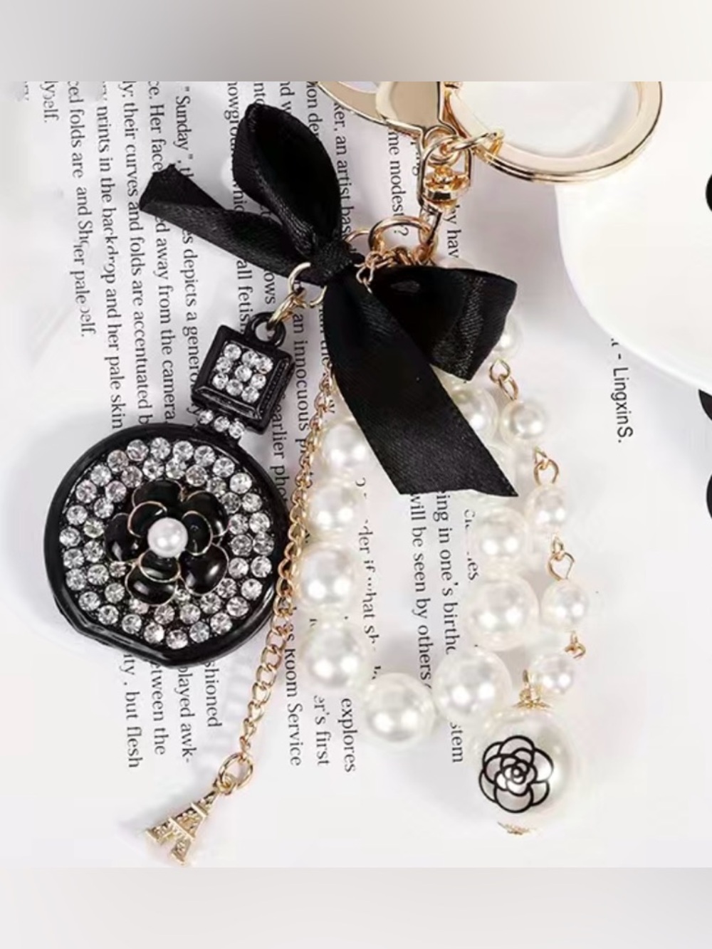 Crystal & Pearl Charm Keychain with Black Bow